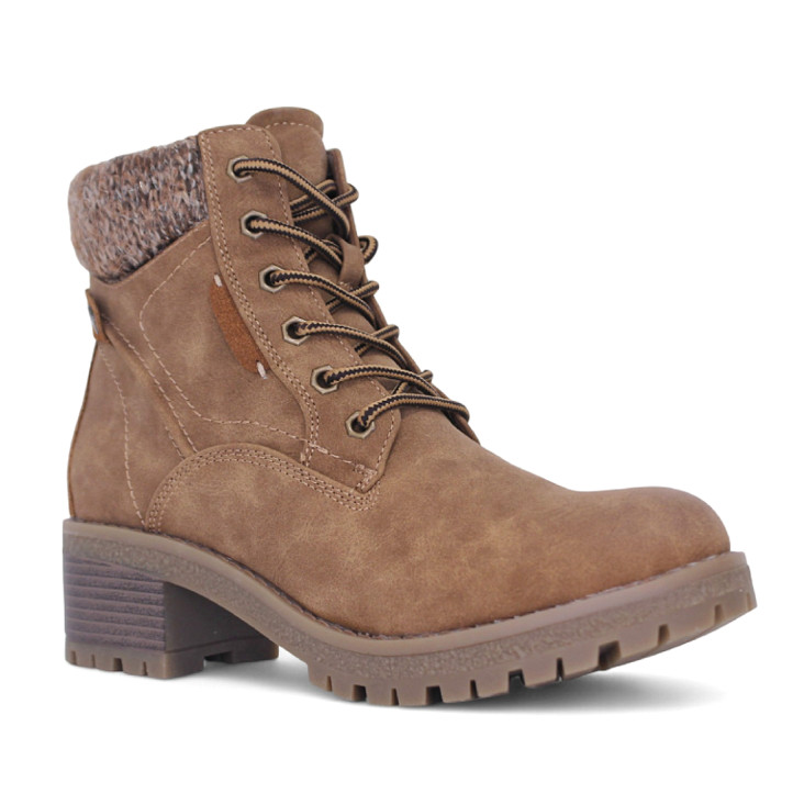 Botines tacón Owel dijon marrones con cordones y cremallera y cuello de punto - Querol online