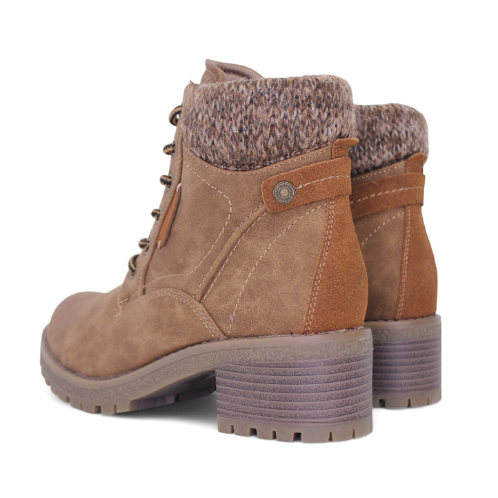 Botines tacón Owel dijon marrones con cordones y cremallera y cuello de punto - Querol online