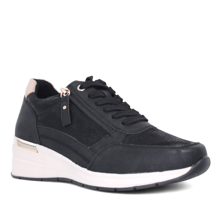 Zapatillas cuña Owel bastia negras con cremallera lateral y material efecto serpiente - Querol online