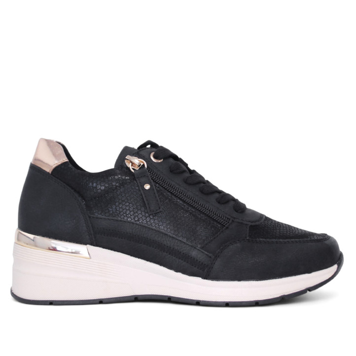 Zapatillas cuña Owel bastia negras con cremallera lateral y material efecto serpiente - Querol online