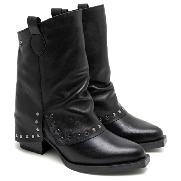 BOTAS DOBLE FAZ DE PIEL NEGRO CON TACHUELAS FIORELLA PORRONET - Querol online