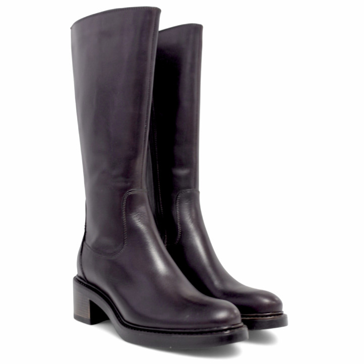 Botas tacón marrones de piel de corte clásico con cremallera lateral - Querol online