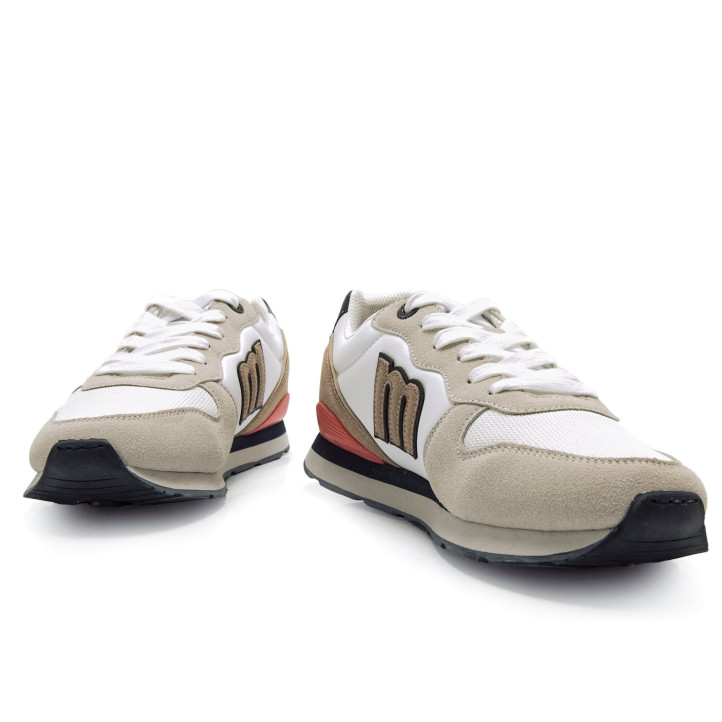Zapatillas deportivas Mustang joggo classic blancas con detalles beige marrones y negros - Querol online