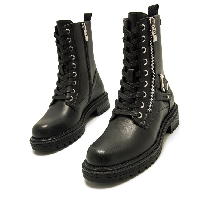 Botines planos Mustang campa negras estilo biker con cremalleras laterales - Querol online