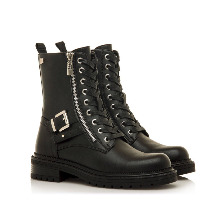 Botines planos Mustang campa negras estilo biker con cremalleras laterales - Querol online