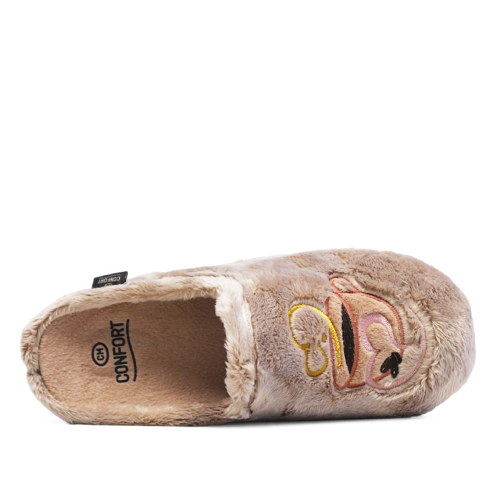 Zapatillas casa CM Confort beige de pelo suave con bordado decorativo - Querol online