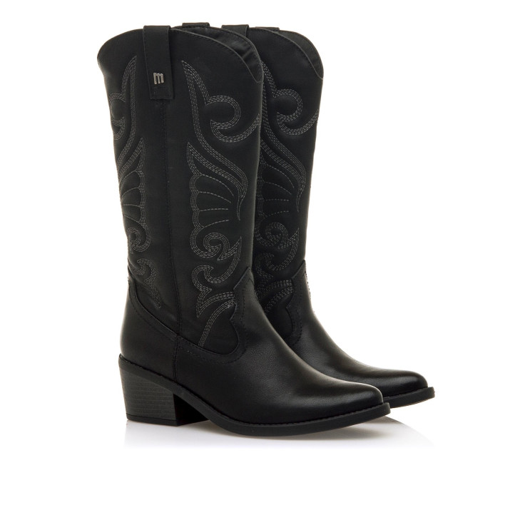 Botas planas Mustang tanubis negras estilo cowboy con bordados decorativos - Querol online