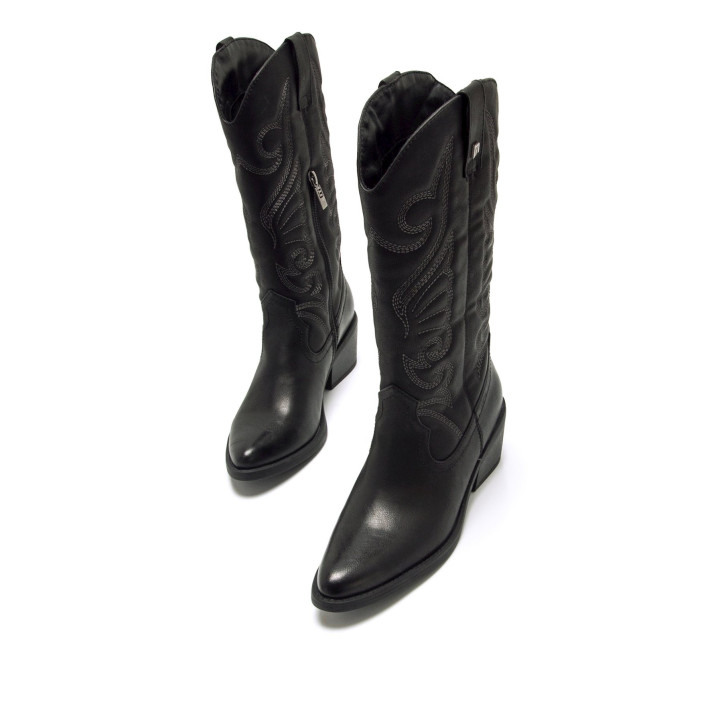 Botas planas Mustang tanubis negras estilo cowboy con bordados decorativos - Querol online