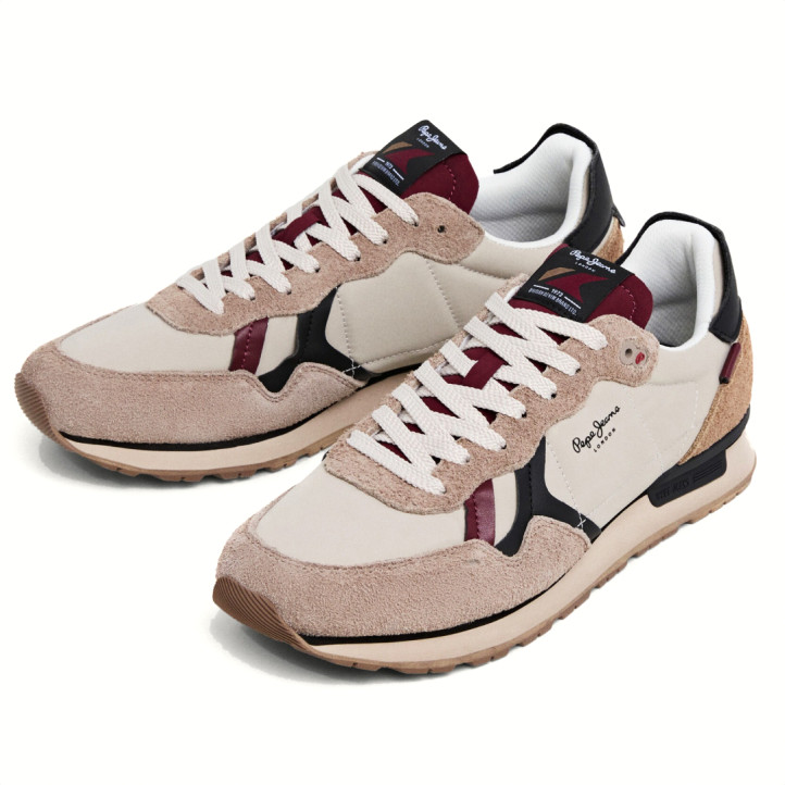 Zapatillas deportivas Pepe Jeans brit flyer beige con detalles azules y granates - Querol online