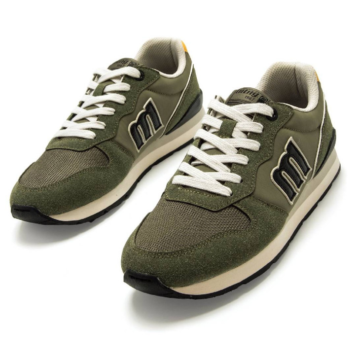 Zapatillas deportivas Mustang joggo classic verde kaki con panel trasero amarillo - Querol online