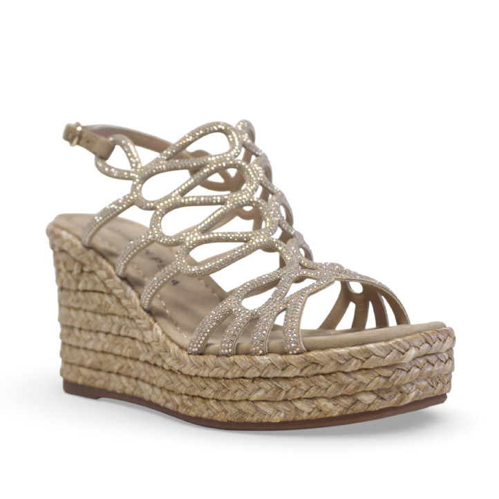 Sandalias cuña Alma en pena marrón claro con brillantes y forma en el empeine - Querol online
