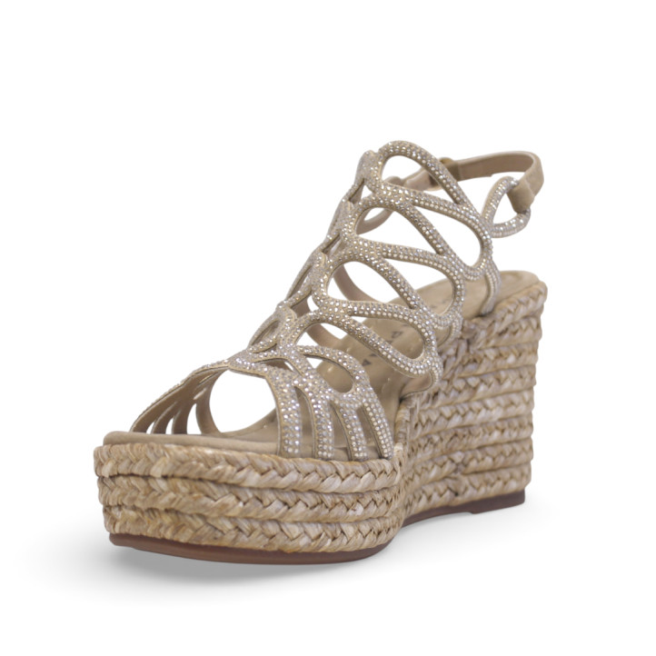 Sandalias cuña Alma en pena marrón claro con brillantes y forma en el empeine - Querol online