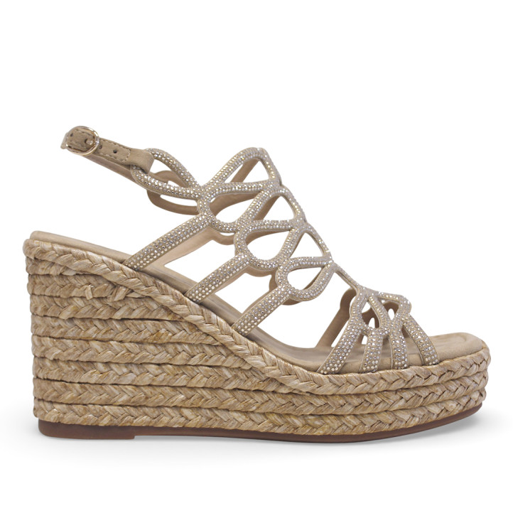 Sandalias cuña Alma en pena marrón claro con brillantes y forma en el empeine - Querol online