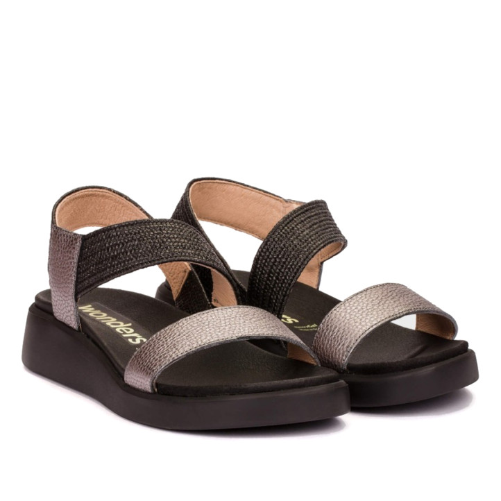 Sandalias cuña Wonders mar negras de piel y rafia - Querol online