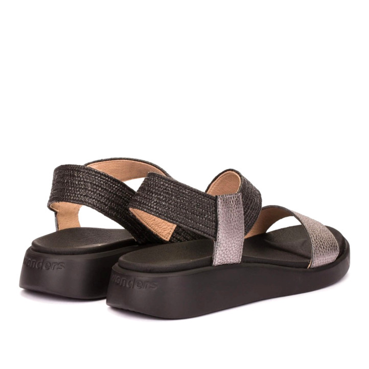 Sandàlies falca Wonders mar negres de pell i ràfia - Querol online