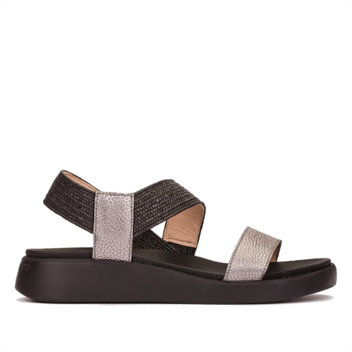 Sandalias cuña Wonders mar negras de piel y rafia - Querol online