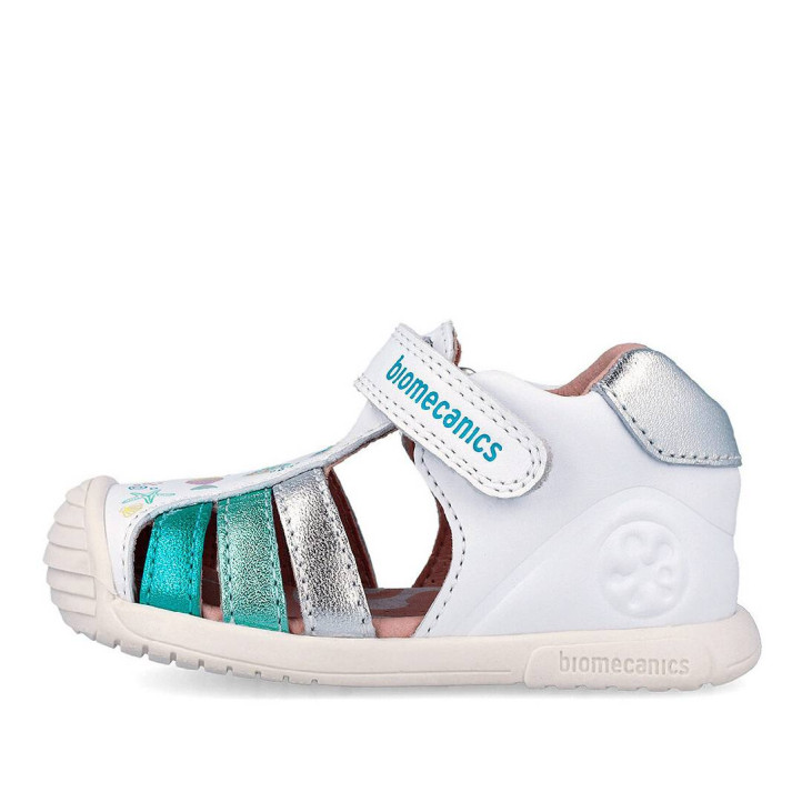 sandàlies Biomecanics 262109 blanques amb detallas blau metal·litzat i peixets - Querol online