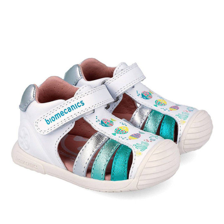 sandàlies Biomecanics 262109 blanques amb detallas blau metal·litzat i peixets - Querol online