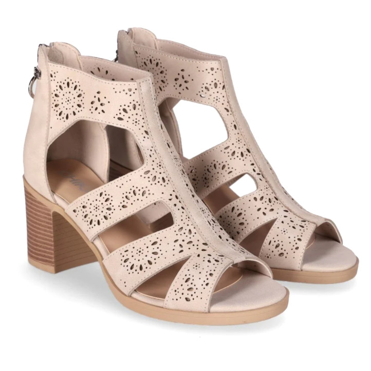 Sandalias tacón Chika 10 rosalinda 07 biege con troquelado floral - Querol online