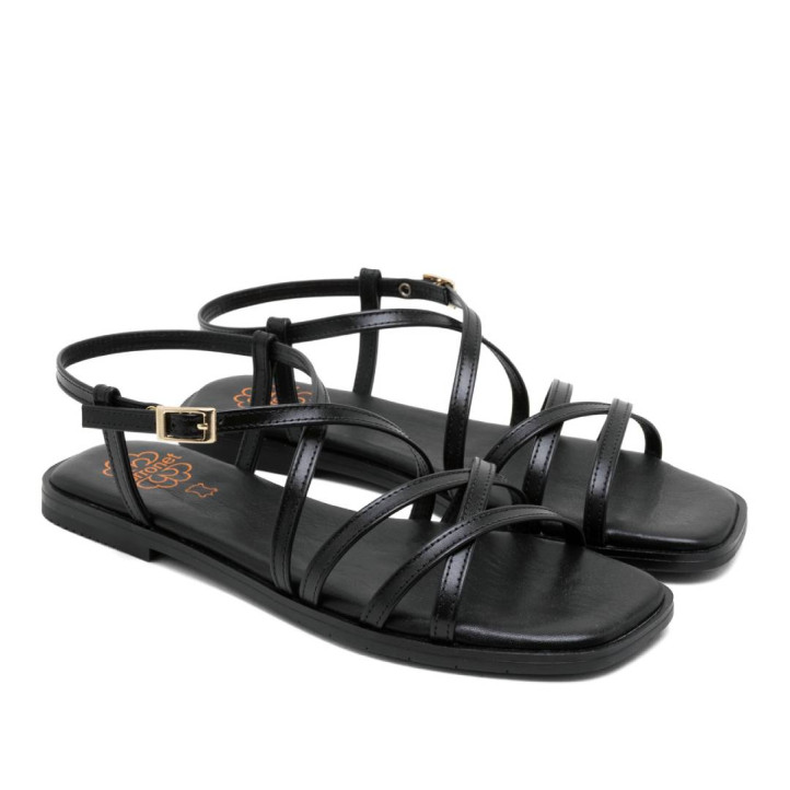 Sandalias planas Porronet bonnie negras con tiras cruzadas de piel - Querol online