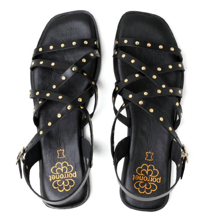 Sandalias planas Porronet blair negras con tiras cruzadas con tachuelas de piel - Querol online
