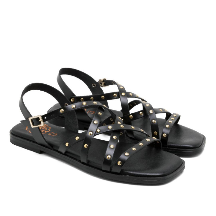 Sandalias planas Porronet blair negras con tiras cruzadas con tachuelas de piel - Querol online