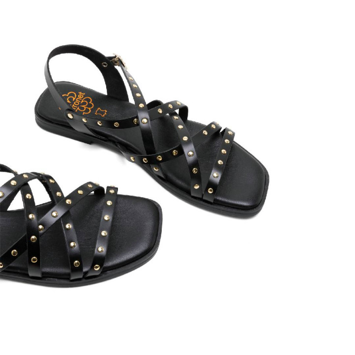 Sandàlies planes Porronet blair negres amb tires creuades amb tatxes de pell - Querol online