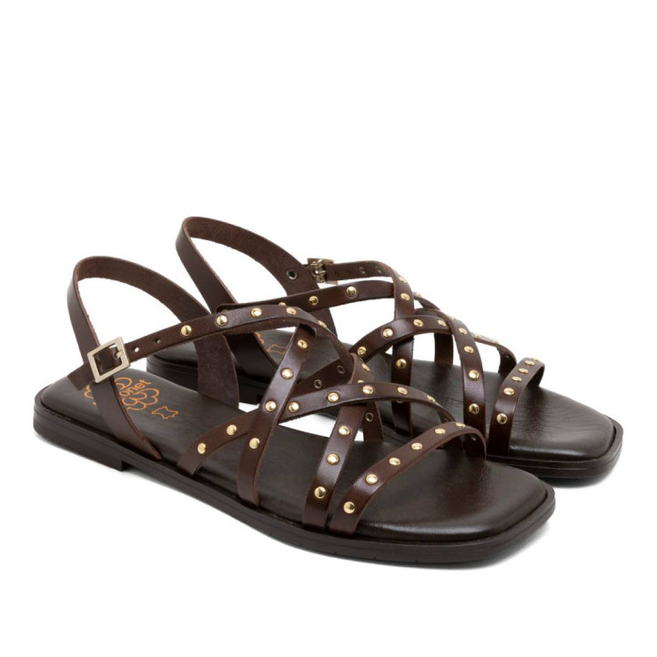 Sandalias planas Porronet blair moka con tiras cruzadas con tachuelas de piel - Querol online