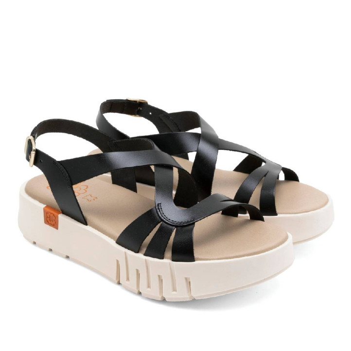 Sandalias plataformas Porronet débora negras con tiras onduladas de piel - Querol online