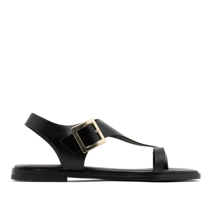 Sandàlies planes Porronet berta negres amb tira creuant l'empenya de pell - Querol online