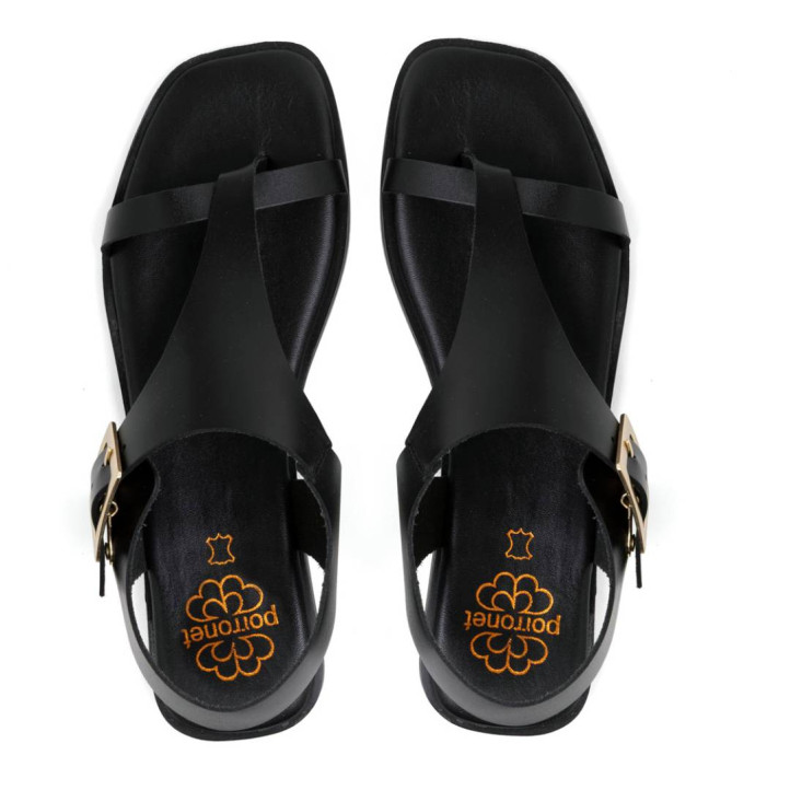 Sandalias planas Porronet berta negras con tira cruzando el empeine de piel - Querol online