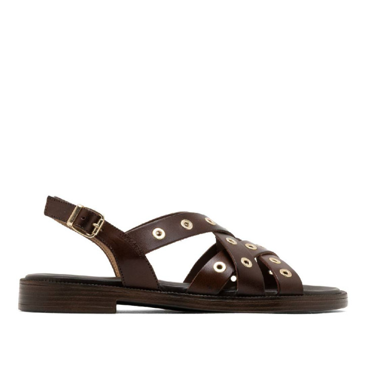 Sandàlies planes Porronet chloe moka amb tires creuades i tatxes de pell - Querol online