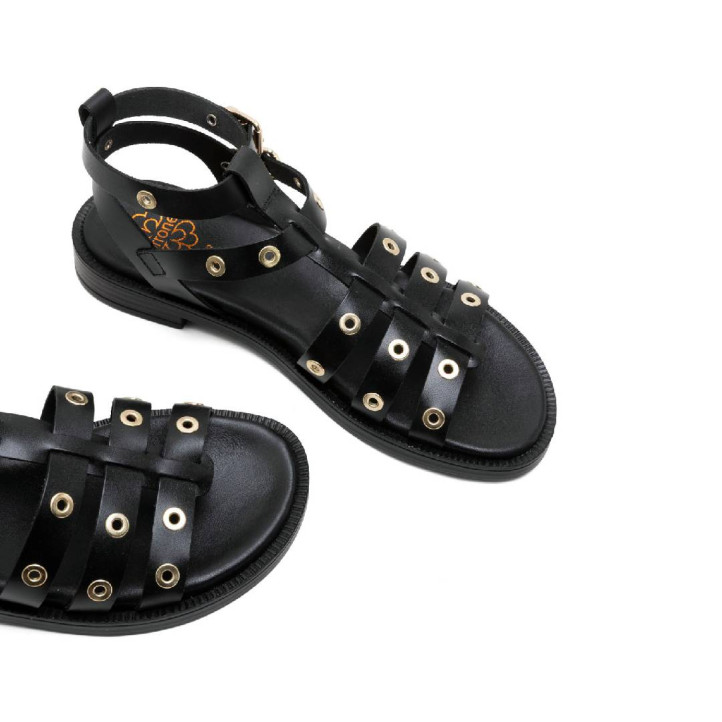 Sandalias planas Porronet chloe negras estilo romano de piel - Querol online