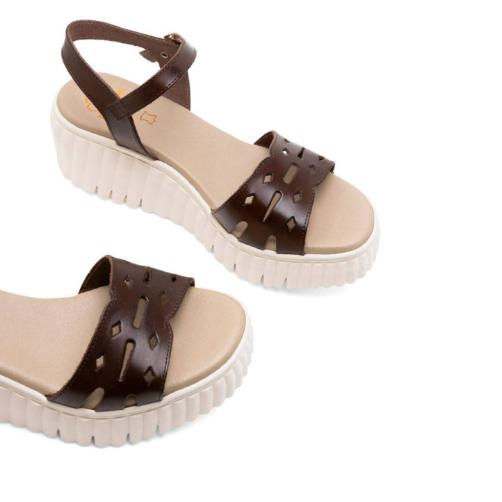 Sandalias cuña Porronet elsa moka con pala troquelada de piel - Querol online