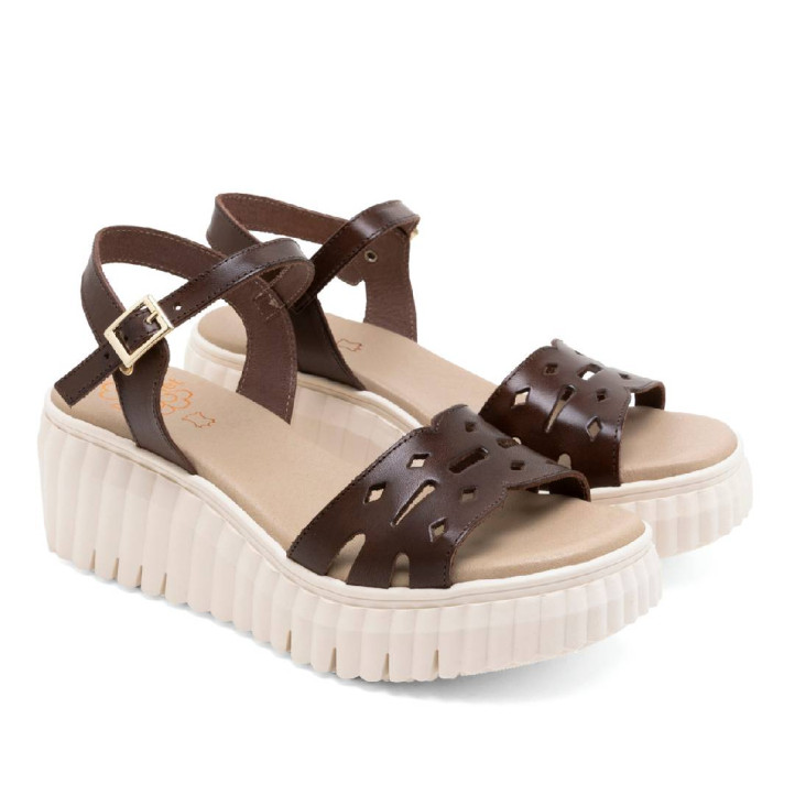 Sandalias cuña Porronet elsa moka con pala troquelada de piel - Querol online