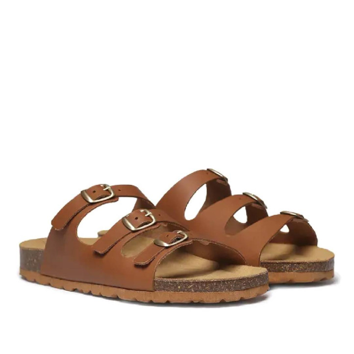 Sandalias planas TONI PONS gien-vp camel tipo bio con tres hebillas - Querol online