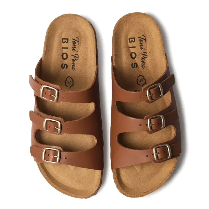 Sandàlies planes TONI PONS gien-vp camel tipus bio amb tres sivelles - Querol online