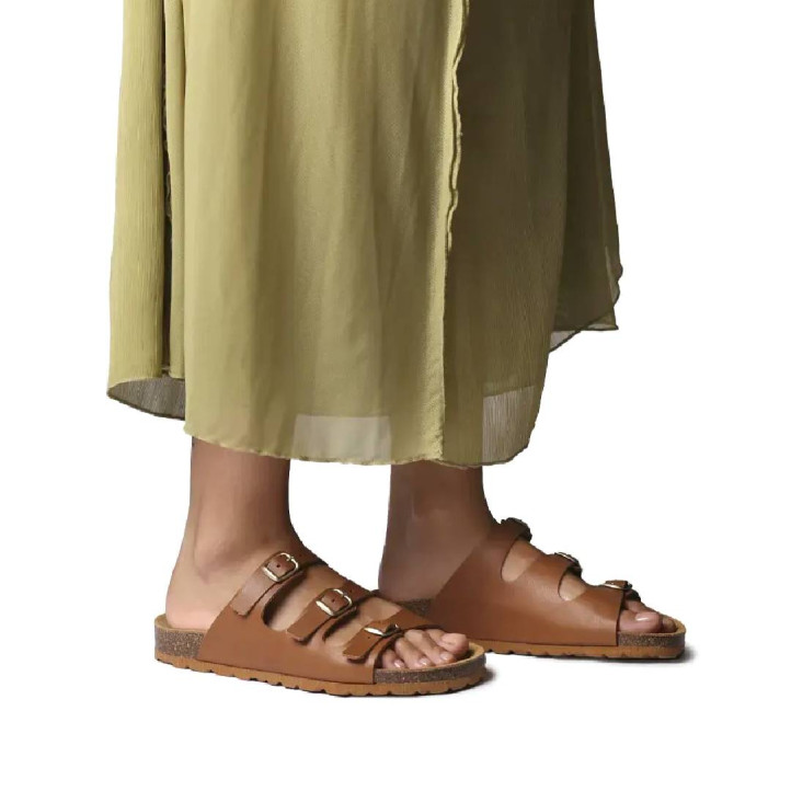 Sandalias planas TONI PONS gien-vp camel tipo bio con tres hebillas - Querol online