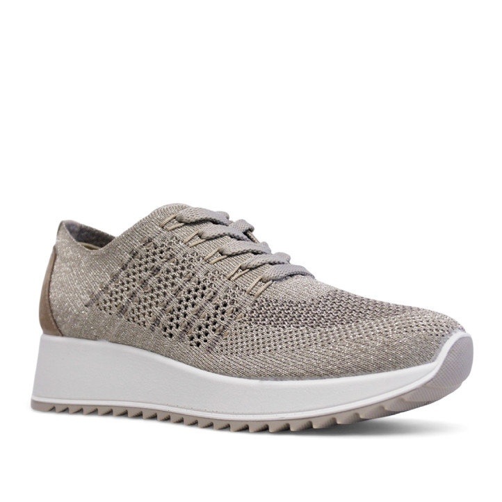 Zapatillas cuña Imac taupe estilo calcetín con cordones con detalles dorados - Querol online