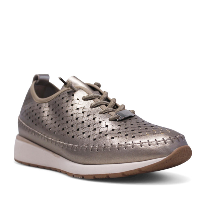 Zapatos cuña Treintas bronce con efecto calado trenzado y cordones elásticos - Querol online