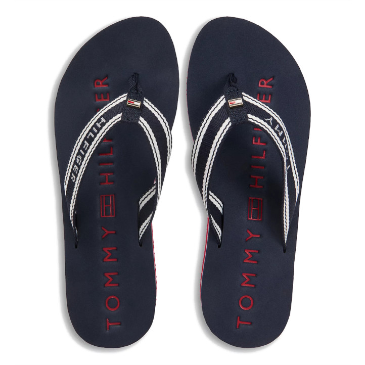Chanclas Tommy Hilfiger azules con tiras textil trenzadas y rebordes en blanco - Querol online