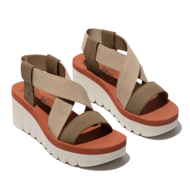 Sandalias cuña FLY LONDON yabifly military con beige y brick - Querol online