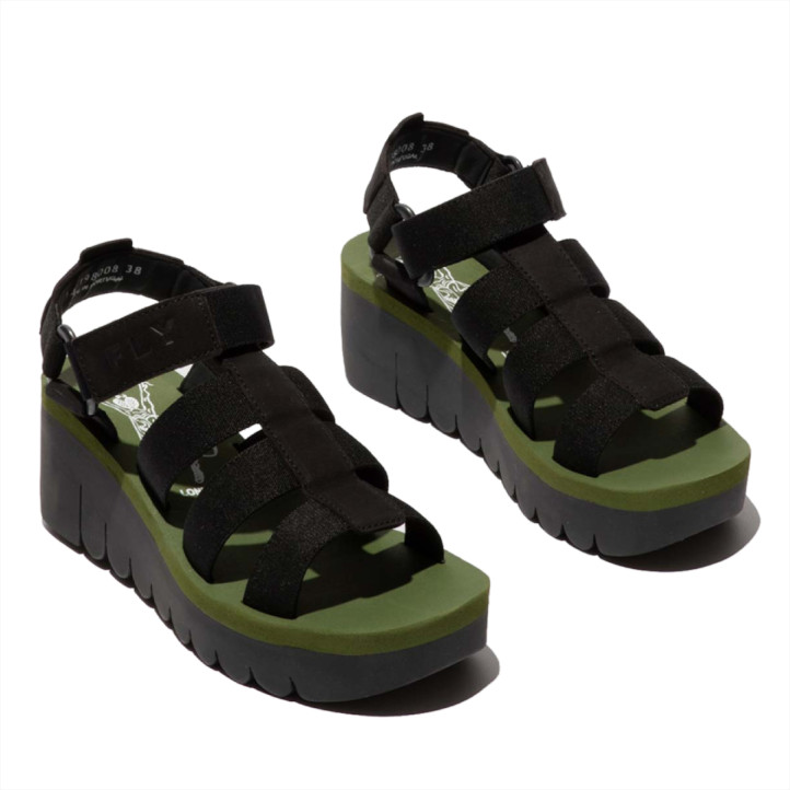 Sandalias cuña FLY LONDON yojifly black con army green - Querol online