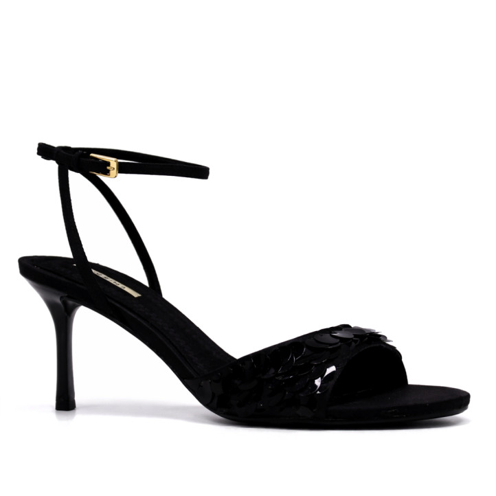 Sandalias tacón Corina negras con lentejuelas en la pala y atadas al tobillo - Querol online