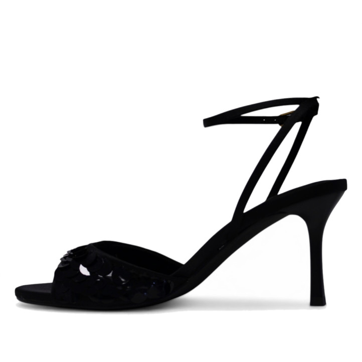 Sandalias tacón Corina negras con lentejuelas en la pala y atadas al tobillo - Querol online