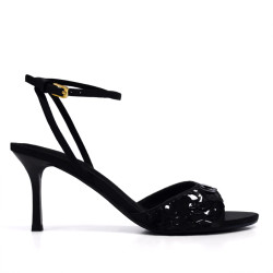 Sandalias tacón Corina negras con lentejuelas en la pala y atadas al tobillo - Querol online