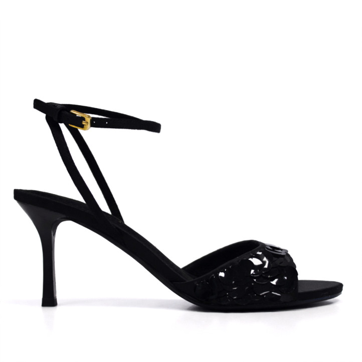 Sandalias tacón Corina negras con lentejuelas en la pala y atadas al tobillo - Querol online