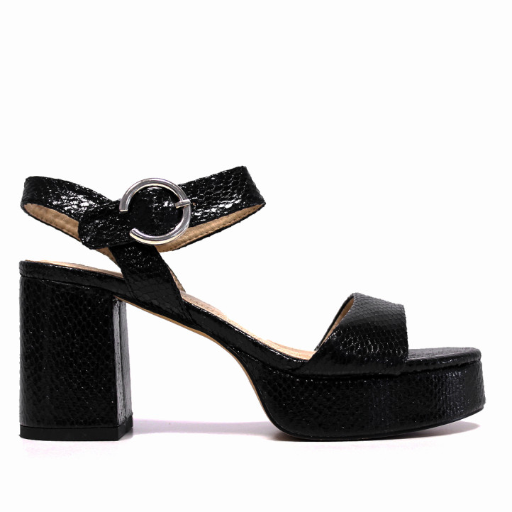 Sandalias tacón Querol negras efecto charol con textura de serpiente - Querol online