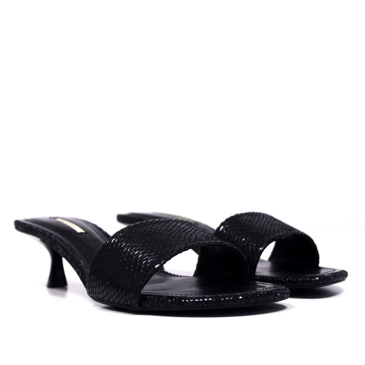 Sandalias tacón Querol negros efecto serpiete y estilo mule - Querol online