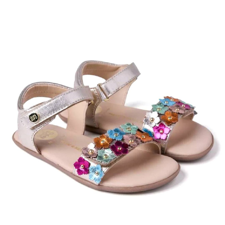 sandalias Gioseppo doradas de piel con flores multicolor loitok barefoot - Querol online
